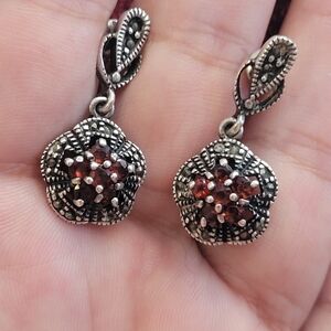 Vintage Marcasite Garnet Sterling Silver Bridgerton Style Dangle Post Earrings